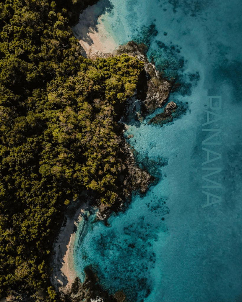 Aerial view of a forested coastline with a sandy beach and turquoise sea along a rocky shore.